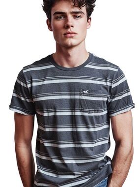 Hollister Grey White Border Stripe Pocket Tee T-Shirt
